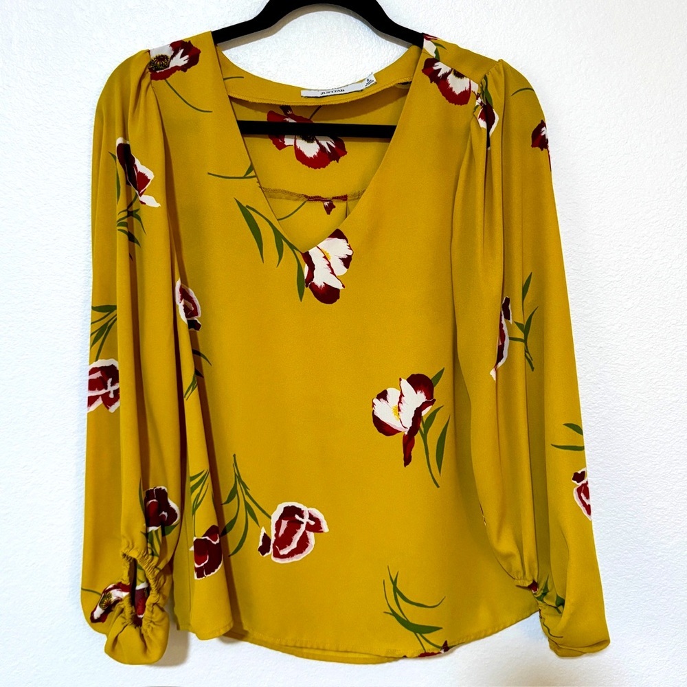 ⭐️ JustFab Floral Long Sleeve Blouse - Mustard Yellow - Size Small - EUC